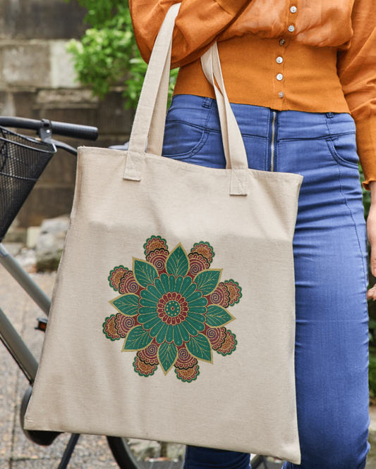 Green Floral Mandala Tote Bag Zipper